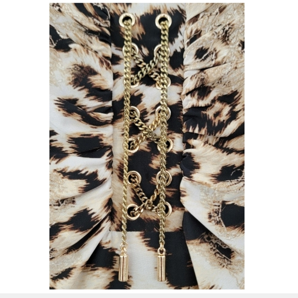Cache Leopard Print Bodycon Women's Dress with Gold Tie Tassel, Size S - Picture 5 of 12